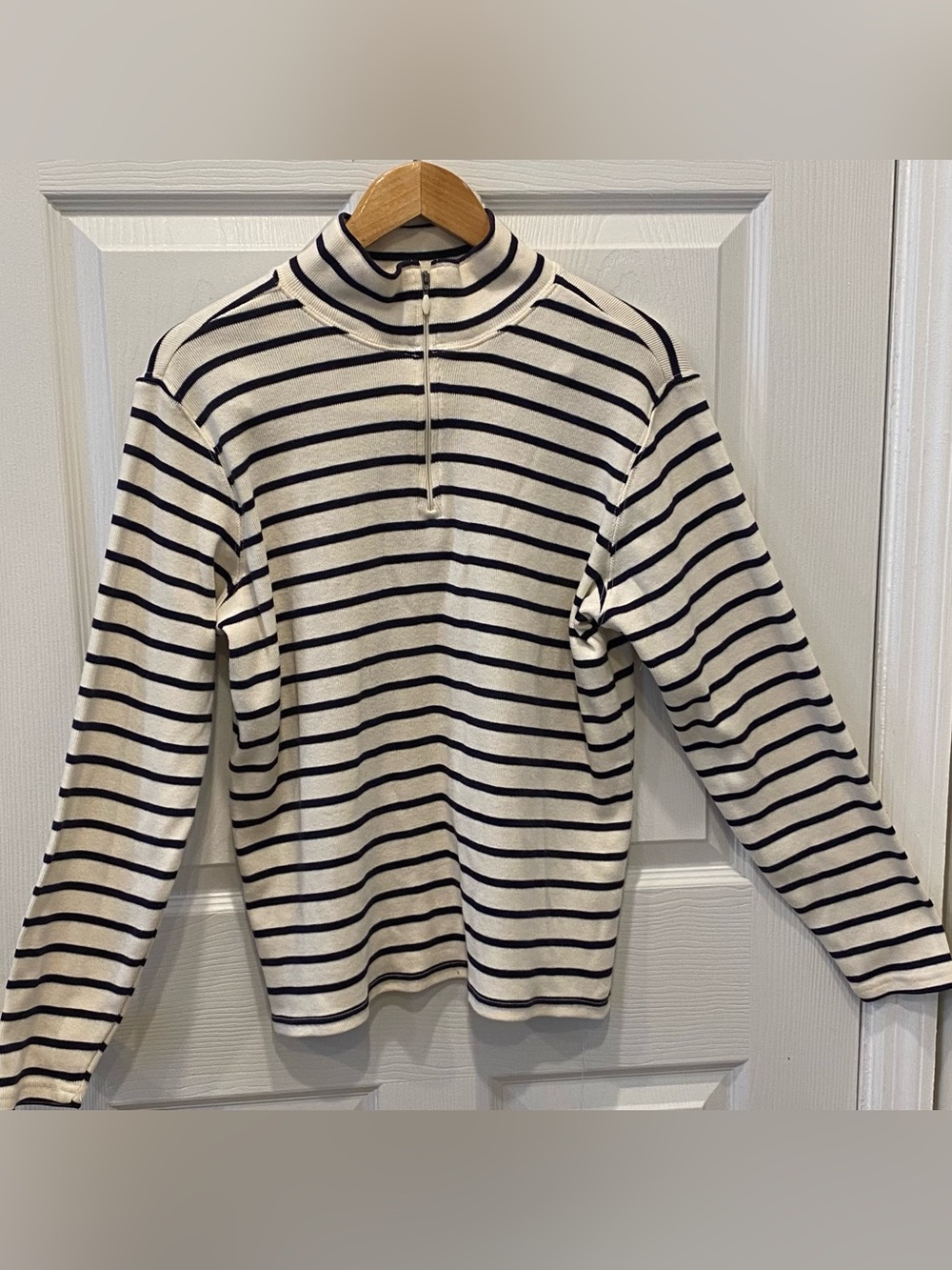 L.L. Bean Navy & White 1/4 zip sweater nautical preppy pullover cotton classic